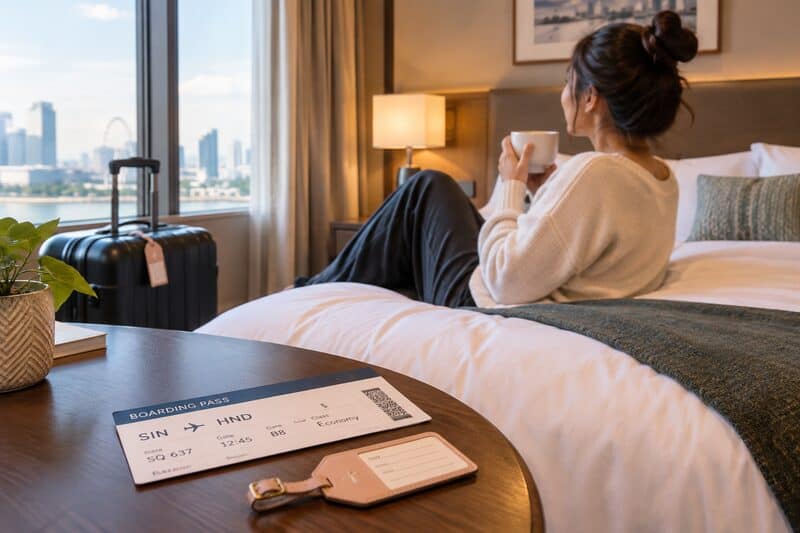 Female traveler sitting on hotel bed boarding pass